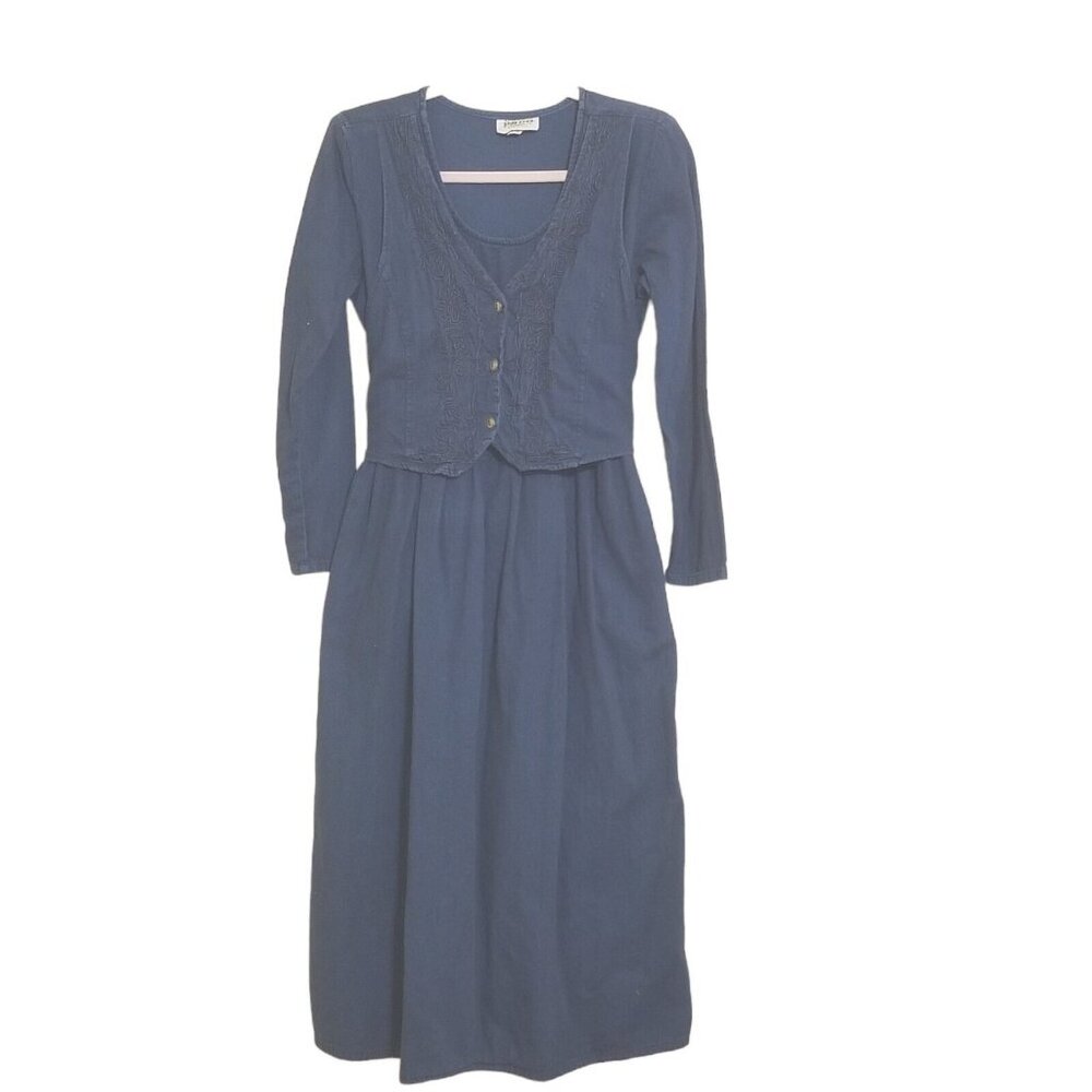 Pado Vtg 80s Womens Dress S Denim Tie Back Vest Long USA Cotton Long Sleeve‎